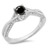 0.75 Carat (ctw) 10K White Gold Round Cut Black & White Diamond Ladies Solitaire With Accents Bridal Twisted Swirl Engagement Ring 3/4 CT