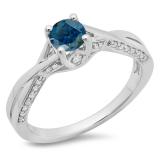 0.75 Carat (ctw) 14K White Gold Round Cut Blue & White Diamond Ladies Solitaire With Accents Bridal Twisted Swirl Engagement Ring 3/4 CT