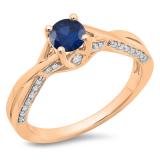 0.75 Carat (ctw) 14K Rose Gold Round Cut Blue Sapphire & White Diamond Ladies Solitaire With Accents Bridal Twisted Swirl Engagement Ring 3/4 CT