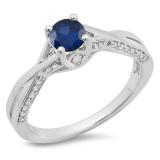 0.75 Carat (ctw) 14K White Gold Round Cut Blue Sapphire & White Diamond Ladies Solitaire With Accents Bridal Twisted Swirl Engagement Ring 3/4 CT
