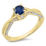 0.75 Carat (ctw) 14K Yellow Gold Round Cut Blue Sapphire & White Diamond Ladies Solitaire With Accents Bridal Twisted Swirl Engagement Ring 3/4 CT