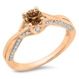 0.75 Carat (ctw) 14K Rose Gold Round Cut Champagne & White Diamond Ladies Solitaire With Accents Bridal Twisted Swirl Engagement Ring 3/4 CT