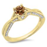 0.75 Carat (ctw) 14K Yellow Gold Round Cut Champagne & White Diamond Ladies Solitaire With Accents Bridal Twisted Swirl Engagement Ring 3/4 CT