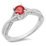 0.75 Carat (ctw) 14K White Gold Round Cut Ruby & White Diamond Ladies Solitaire With Accents Bridal Twisted Swirl Engagement Ring 3/4 CT