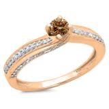 0.50 Carat (ctw) 10K Rose Gold Round Champagne & White Diamond Ladies Swirl Promise Solitaire With Accents Engagement Ring 1/2 CT