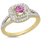 0.80 Carat (ctw) 10K Yellow Gold Round Pink Sapphire & White Diamond Ladies Split Shank Engagement Halo Bridal Ring 3/4 CT