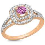 0.80 Carat (ctw) 14K Rose Gold Round Pink Sapphire & White Diamond Ladies Split Shank Engagement Halo Bridal Ring 3/4 CT
