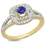 0.80 Carat (ctw) 14K Yellow Gold Round Tanzanite & White Diamond Ladies Split Shank Engagement Halo Bridal Ring 3/4 CT