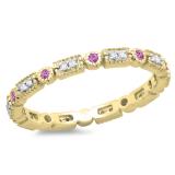 0.25 Carat (ctw) 10K Yellow Gold Round Pink Sapphire And White Diamond Ladies Vintage Style Anniversary Wedding Eternity Band Stackable Ring 1/4 CT