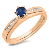 0.50 Carat (ctw) 10K Rose Gold Round Cut Blue Sapphire & White Diamond Ladies Bridal Engagement Ring With Matching Band Set 1/2 CT
