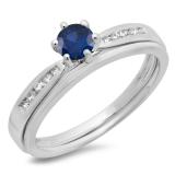 0.50 Carat (ctw) 14K White Gold Round Cut Blue Sapphire & White Diamond Ladies Bridal Engagement Ring With Matching Band Set 1/2 CT