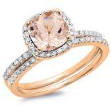1.60 Carat (ctw) 14K Rose Gold Cushion Cut Morganite & Round Cut White Diamond Ladies Bridal Halo Engagement Ring With Matching Band Set