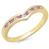 0.25 Carat (ctw) 18K Yellow Gold Round Pink Sapphire & White Diamond Ladies Anniversary Wedding Stackable Band Guard Chevron Ring 1/4 CT