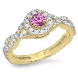 0.90 Carat (ctw) 10K Yellow Gold Round Pink Sapphire & White Diamond Ladies Swirl Split Shank Bridal Halo Engagement Ring