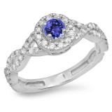 0.90 Carat (ctw) 10K White Gold Round Tanzanite & White Diamond Ladies Swirl Split Shank Bridal Halo Engagement Ring