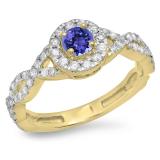 0.90 Carat (ctw) 10K Yellow Gold Round Tanzanite & White Diamond Ladies Swirl Split Shank Bridal Halo Engagement Ring