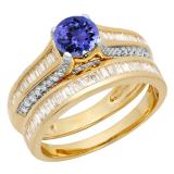 1.25 Carat (ctw) 14K Yellow Gold Round & Baguette Cut Tanzanite & White Diamond Ladies Vintage Bridal Engagement Ring Set 1 1/4 CT