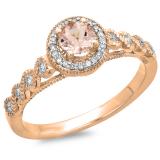 0.55 Carat (ctw) 14K Rose Gold Round Cut Morganite & White Diamond Ladies Bridal Vintage & Antique Millgrain Halo Style Engagement Ring 1/2 CT