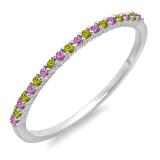 0.15 Carat (ctw) 10K White Gold Round Pink Sapphire & Peridot Ladies Anniversary Wedding Band Stackable Ring