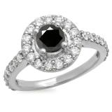 1.00 Carat (ctw) 18K White Gold Round Black & White Diamond Ladies Halo Style Bridal Engagement Ring 1 CT