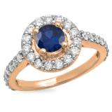 1.00 Carat (ctw) 10K Rose Gold Round Blue Sapphire & White Diamond Ladies Halo Style Bridal Engagement Ring 1 CT