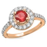 1.00 Carat (ctw) 14K Rose Gold Round Ruby & White Diamond Ladies Halo Style Bridal Engagement Ring 1 CT