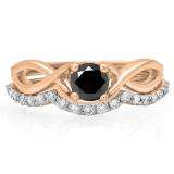 0.80 Carat (ctw) 10K Rose Gold Round Black & White Diamond Ladies Bridal Split Shank Swirl Engagement Ring Matching Band Set 3/4 CT
