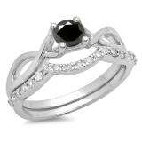 0.80 Carat (ctw) 18K White Gold Round Black & White Diamond Ladies Bridal Split Shank Swirl Engagement Ring Matching Band Set 3/4 CT