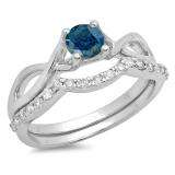 0.80 Carat (ctw) 14K White Gold Round Blue & White Diamond Ladies Bridal Split Shank Swirl Engagement Ring Matching Band Set 3/4 CT