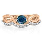 0.80 Carat (ctw) 18K Rose Gold Round Blue & White Diamond Ladies Bridal Split Shank Swirl Engagement Ring Matching Band Set 3/4 CT