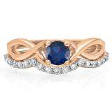 0.80 Carat (ctw) 18K Rose Gold Round Blue Sapphire & White Diamond Ladies Bridal Split Shank Swirl Engagement Ring Matching Band Set 3/4 CT