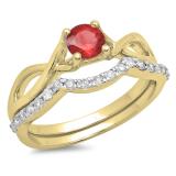 0.80 Carat (ctw) 10K Yellow Gold Round Ruby & White Diamond Ladies Bridal Split Shank Swirl Engagement Ring Matching Band Set 3/4 CT