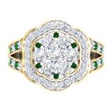 2.00 Carat (ctw) 10K Yellow Gold Round Cut Emerald & White Diamond Ladies Cluster Flower Engagement Ring 2 CT