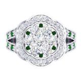 2.00 Carat (ctw) 18K White Gold Round Cut Emerald & White Diamond Ladies Cluster Flower Engagement Ring 2 CT