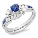 0.90 Carat (ctw) 18k White Gold Round Blue Sapphire And White Diamond Ladies Swirl Bridal Engagement Ring Matching Band Set