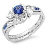 0.90 Carat (ctw) 10k White Gold Round Blue Sapphire And White Diamond Ladies Swirl Bridal Engagement Ring Matching Band Set