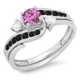 0.90 Carat (ctw) 14K White Gold Round Pink Sapphire Black & White Diamond Ladies Swirl Bridal Engagement Ring Matching Band Set