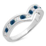 0.60 Carat (ctw) 18K White Gold Round Blue & White Diamond Wedding Stackable Band Anniversary Guard Chevron Ring