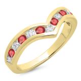 0.60 Carat (ctw) 14K Yellow Gold Round Ruby & White Diamond Wedding Stackable Band Anniversary Guard Chevron Ring