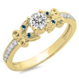 0.50 Carat (ctw) 18K Yellow Gold Round Blue & White Diamond Ladies Bridal Unique Vintage Style Engagement Ring 1/2 CT