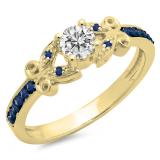 0.50 Carat (ctw) 10K Yellow Gold Round Blue Sapphire & White Diamond Ladies Bridal Unique Vintage Style Engagement Ring 1/2 CT