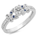0.50 Carat (ctw) 10K White Gold Round Blue Sapphire & White Diamond Ladies Bridal Unique Vintage Style Engagement Ring 1/2 CT