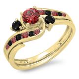 0.90 Carat (ctw) 14K Yellow Gold Round Ruby & Black Diamond Ladies Swirl Bridal Engagement Ring Matching Band Set