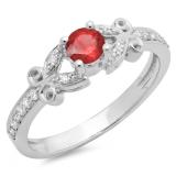 0.50 Carat (ctw) 14K White Gold Round Ruby & White Diamond Ladies Bridal Unique Vintage Style Engagement Ring 1/2 CT