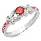 0.50 Carat (ctw) 18K White Gold Round Ruby & White Diamond Ladies Bridal Unique Vintage Style Engagement Ring 1/2 CT