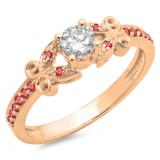 0.50 Carat (ctw) 14K Rose Gold Round Ruby & White Diamond Ladies Bridal Unique Vintage Style Engagement Ring 1/2 CT