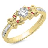 0.50 Carat (ctw) 14K Yellow Gold Round Ruby & White Diamond Ladies Bridal Unique Vintage Style Engagement Ring 1/2 CT