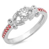 0.50 Carat (ctw) 10K White Gold Round Ruby & White Diamond Ladies Bridal Unique Vintage Style Engagement Ring 1/2 CT