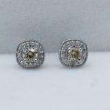 0.75 Carat (ctw) Sterling Silver Round Cut Champagne & White Diamond Ladies Halo Stud Earrings 3/4 CT
