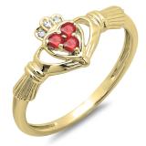 0.15 Carat (Ctw) 10k Yellow Gold Round Ruby & White Diamond Ladies Bridal Promise Irish Love And Friendship Band Claddagh Heart Shape Ring